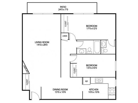 Floor plan for 2 beds, 1.5 baths, 1100 sqft