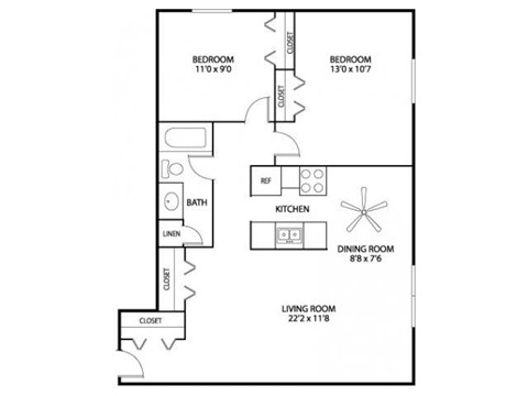 Floor plan for 2 beds, 1 bath, 950 sqft