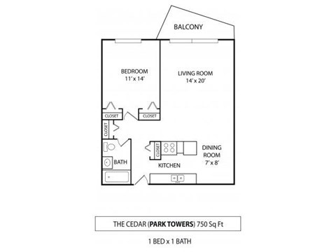 Floor plan for 1 bed, 1 bath, 750 sqft