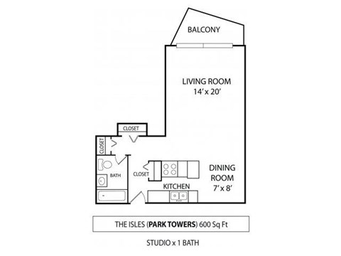 Floor plan for studio, 1 bath, 600 sqft