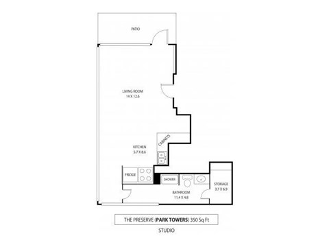 Floor plan for studio, 1 bath, 350 sqft