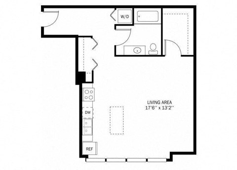 Floor plan for studio, 1 bath, 628 sqft