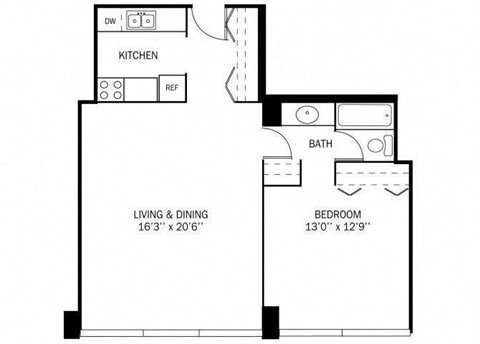 Floor plan for 1 bed, 1 bath, 750 sqft