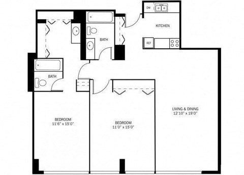 Floor plan for 2 beds, 2 baths, 1000 sqft