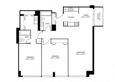 Floor plan for 2 beds, 2 baths, 1150 sqft