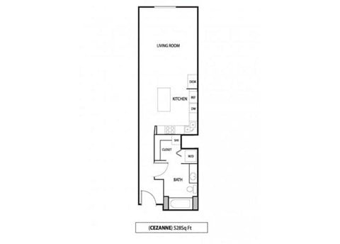 Floor plan for studio, 1 bath, 528 sqft