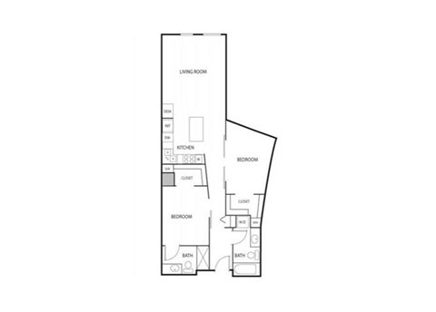 Floor plan for 1 bed, 2 baths, 987 sqft