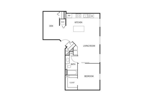 Floor plan for 1 bed, 1 bath, 797 sqft