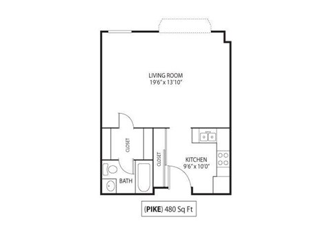 Floor plan for studio, 1 bath, 480 sqft