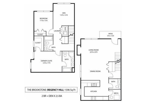 Floor plan for 2 beds, 2.5 baths, 1596 sqft