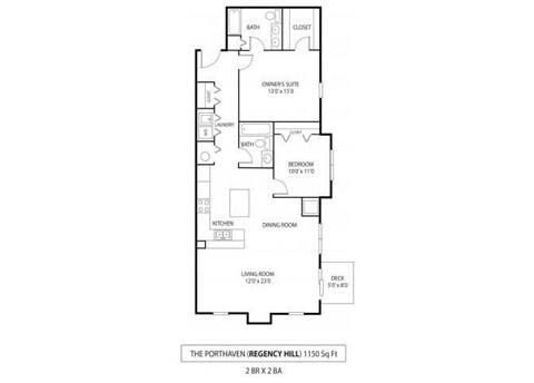 Floor plan for 2 beds, 2 baths, 1150 sqft