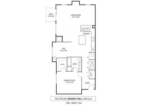 Floor plan for 1 bed, 1 bath, 1069 sqft