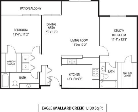 Floor plan for 2 beds, 2 baths, 1130 sqft