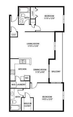 Floor plan for 2 beds, 2 baths, 1064 sqft