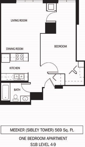 Floor plan for 1 bed, 1 bath, 569 sqft