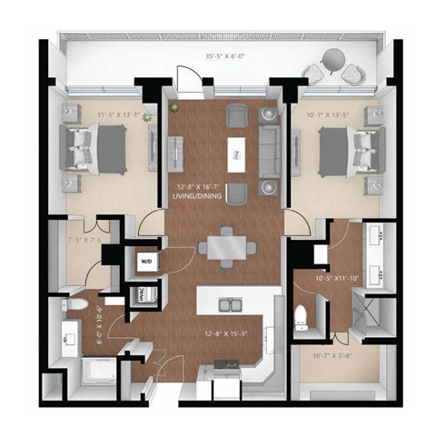 Floor plan for 2 beds, 2 baths, 1187 sqft