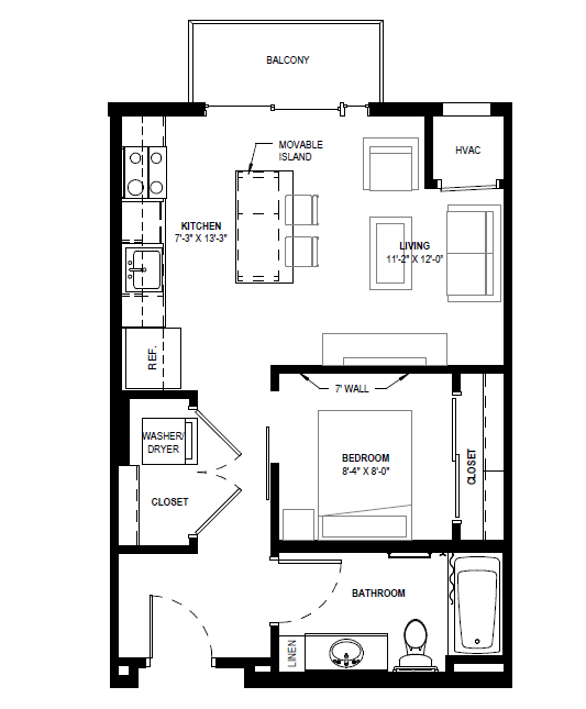 Floor plan for studio, 1 bath, 545 sqft
