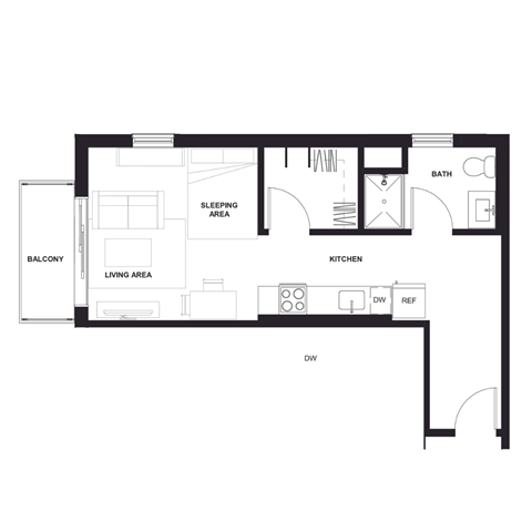 Floor plan for studio, 1 bath, 487 sqft
