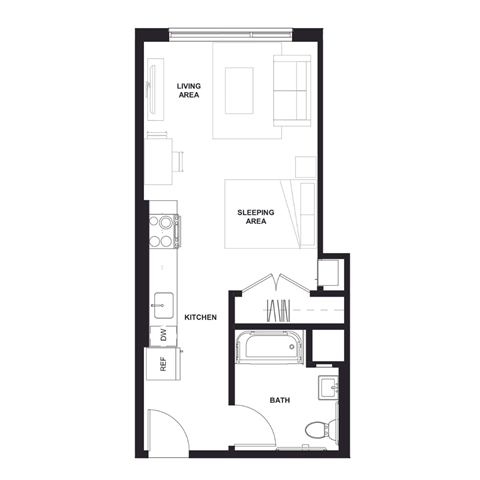 Floor plan for studio, 1 bath, 451 sqft