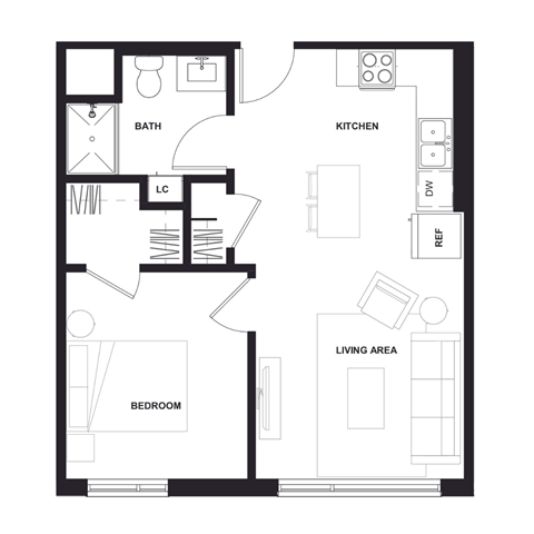 Floor plan for 1 bed, 1 bath, 577 sqft