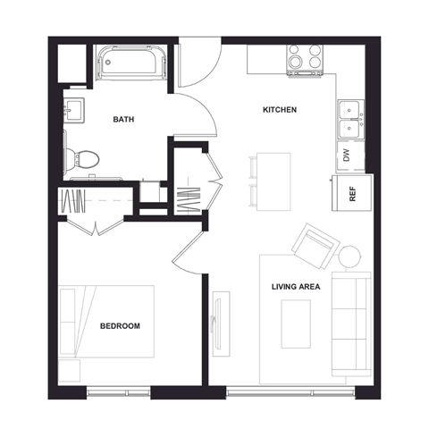 Floor plan for 1 bed, 1 bath, 577 sqft