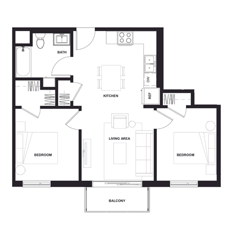 Floor plan for 2 beds, 1 bath, 730 sqft