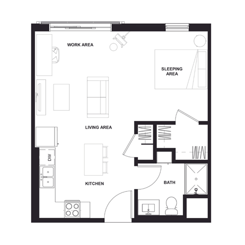 Floor plan for studio, 1 bath, 577 sqft