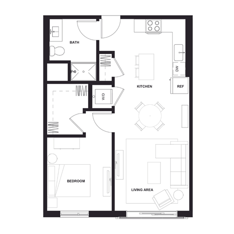 Floor plan for 1 bed, 1 bath, 716 sqft