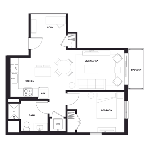 Floor plan for 1 bed, 1 bath, 767 sqft