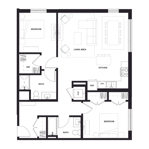 Floor plan for 2 beds, 2 baths, 1109 sqft
