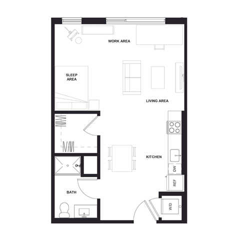 Floor plan for studio, 1 bath, 641 sqft