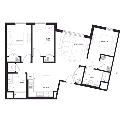 Floor plan for 2 beds, 2 baths, 1182 sqft