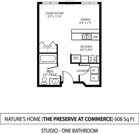 Floor plan for studio, 1 bath, 608 sqft