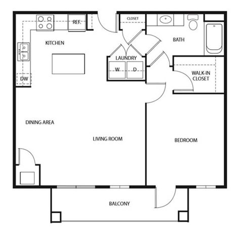 Floor plan for 1 bed, 1 bath, 925 sqft