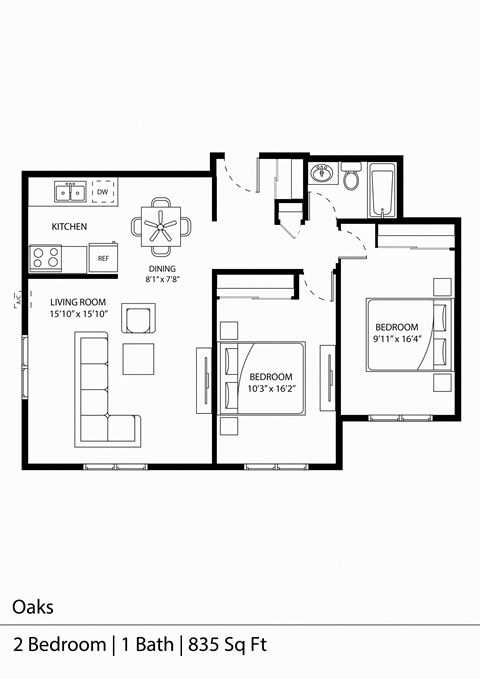 Floor plan for 2 beds, 1 bath, 835 sqft