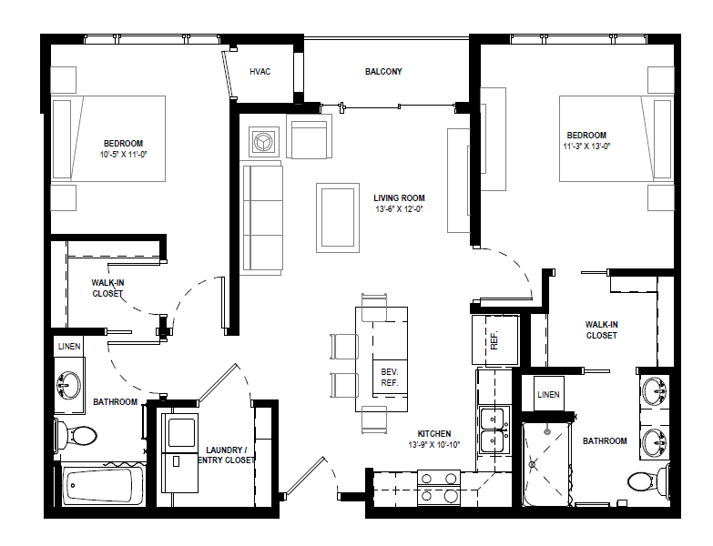 Floor plan for 2 beds, 2 baths, 1000 sqft