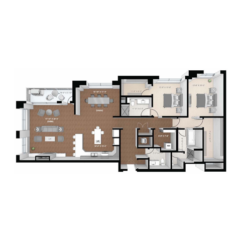 Floor plan for 2 beds, 2.5 baths, 2106 sqft