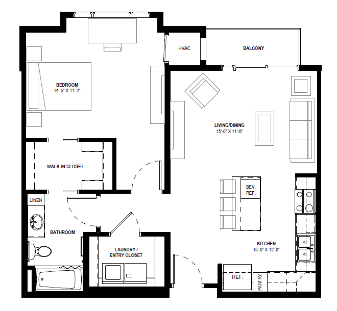 Floor plan for 1 bed, 1 bath, 835 sqft