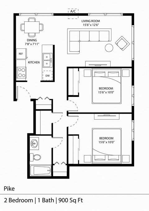 Floor plan for 2 beds, 1 bath, 900 sqft