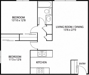 Floor plan for 2 beds, 1 bath, 915 sqft