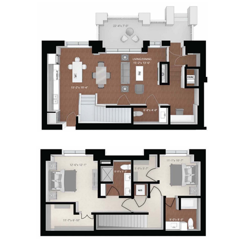 Floor plan for 2 beds, 2.5 baths, 1684 sqft
