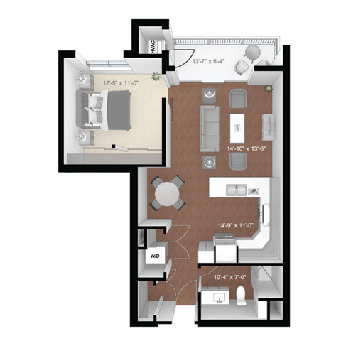Floor plan for 1 bed, 1 bath, 808 sqft