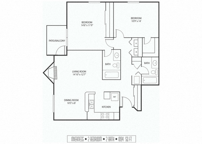 Floor plan for 2 beds, 2 baths, 1094 sqft