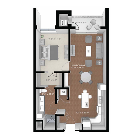 Floor plan for 1 bed, 1 bath, 854 sqft