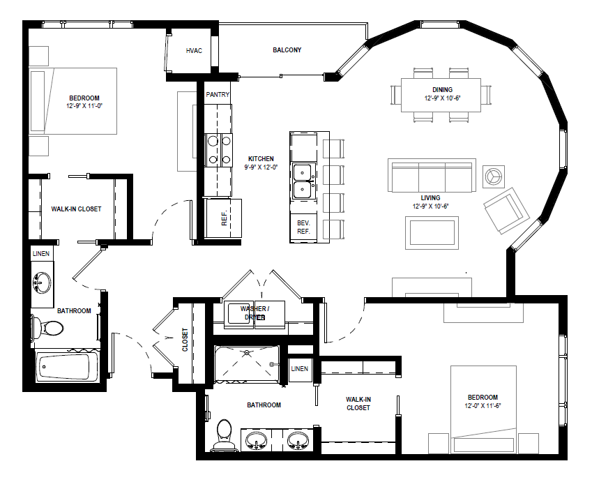 Floor plan for 2 beds, 2 baths, 1215 sqft