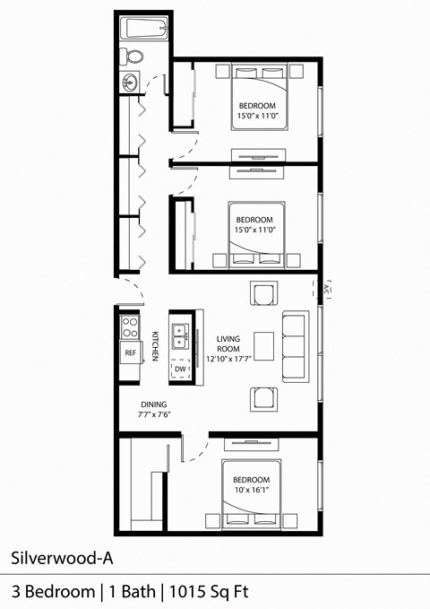 Floor plan for 3 beds, 1 bath, 1085 sqft