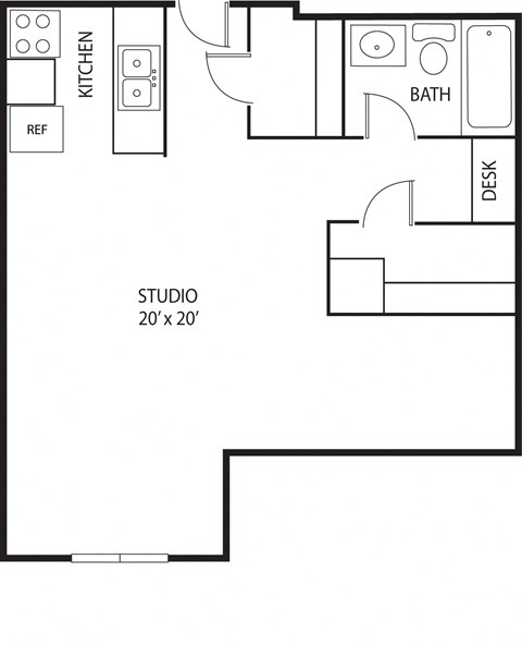 Floor plan for studio, 1 bath, 545 sqft