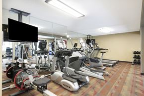 St. Paul townhouse for rent - a room filled with cardio equipment and a flat screen tv at MacLaren Hill, St. Paul, MN, 55108