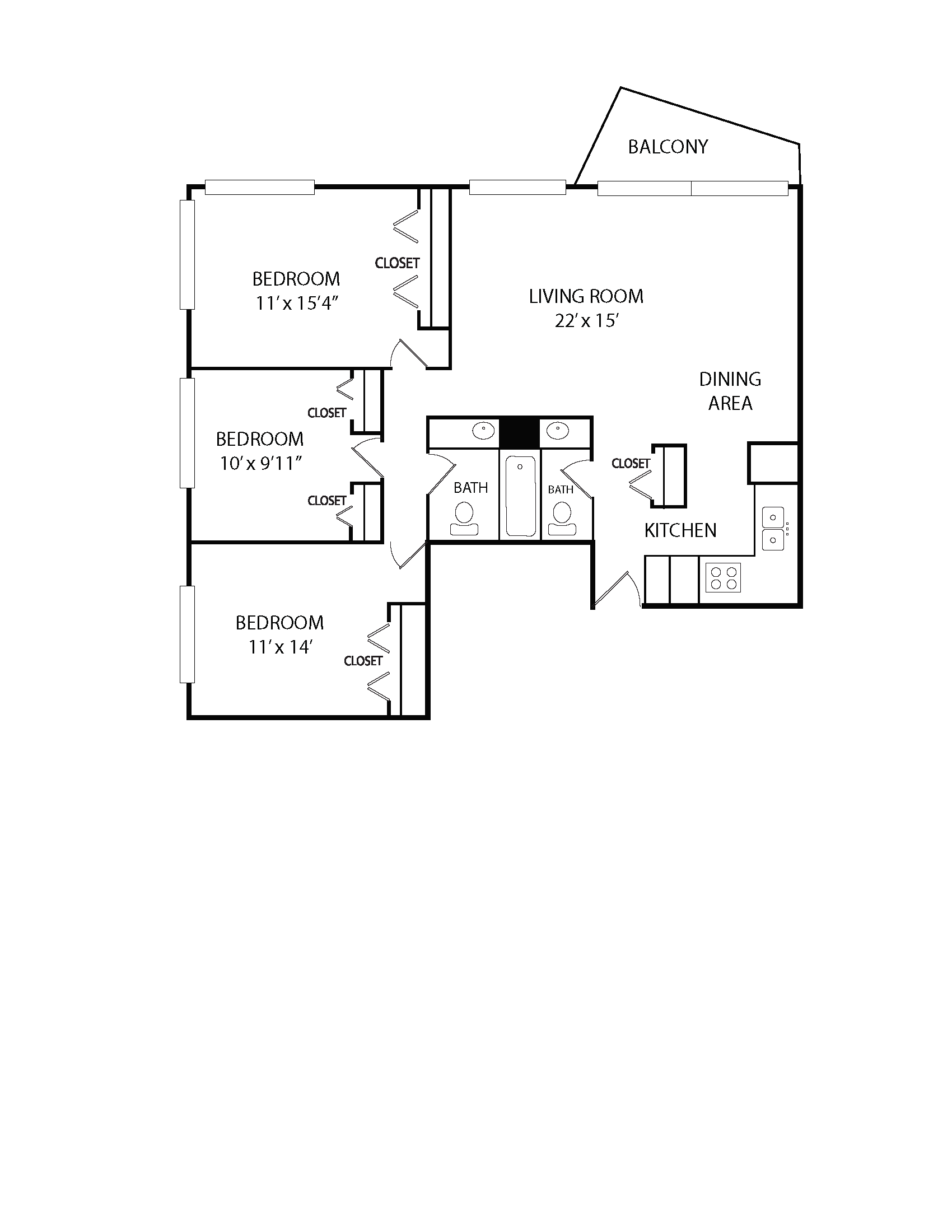 Floor plan for 3 beds, 1.5 baths, 1200 sqft