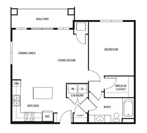 Floor plan for 1 bed, 1 bath, 850 sqft